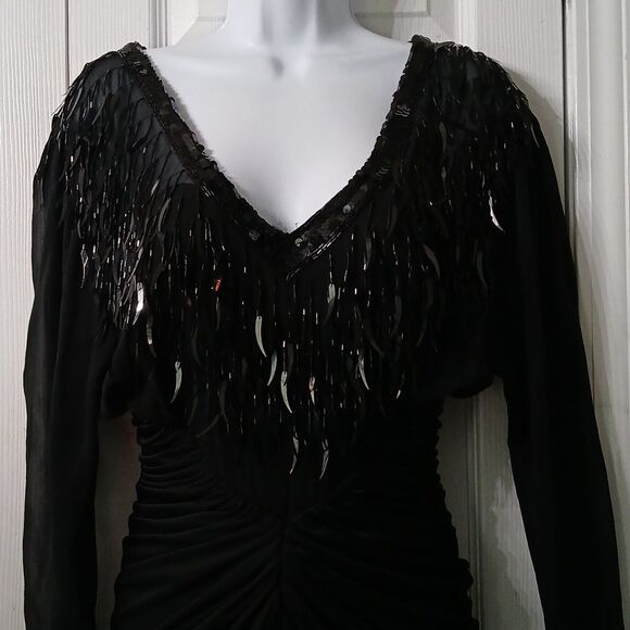 Cache Vintage black sequin embellished ruched dress Sz 10 EUC Made in USA - Picture 4 of 10